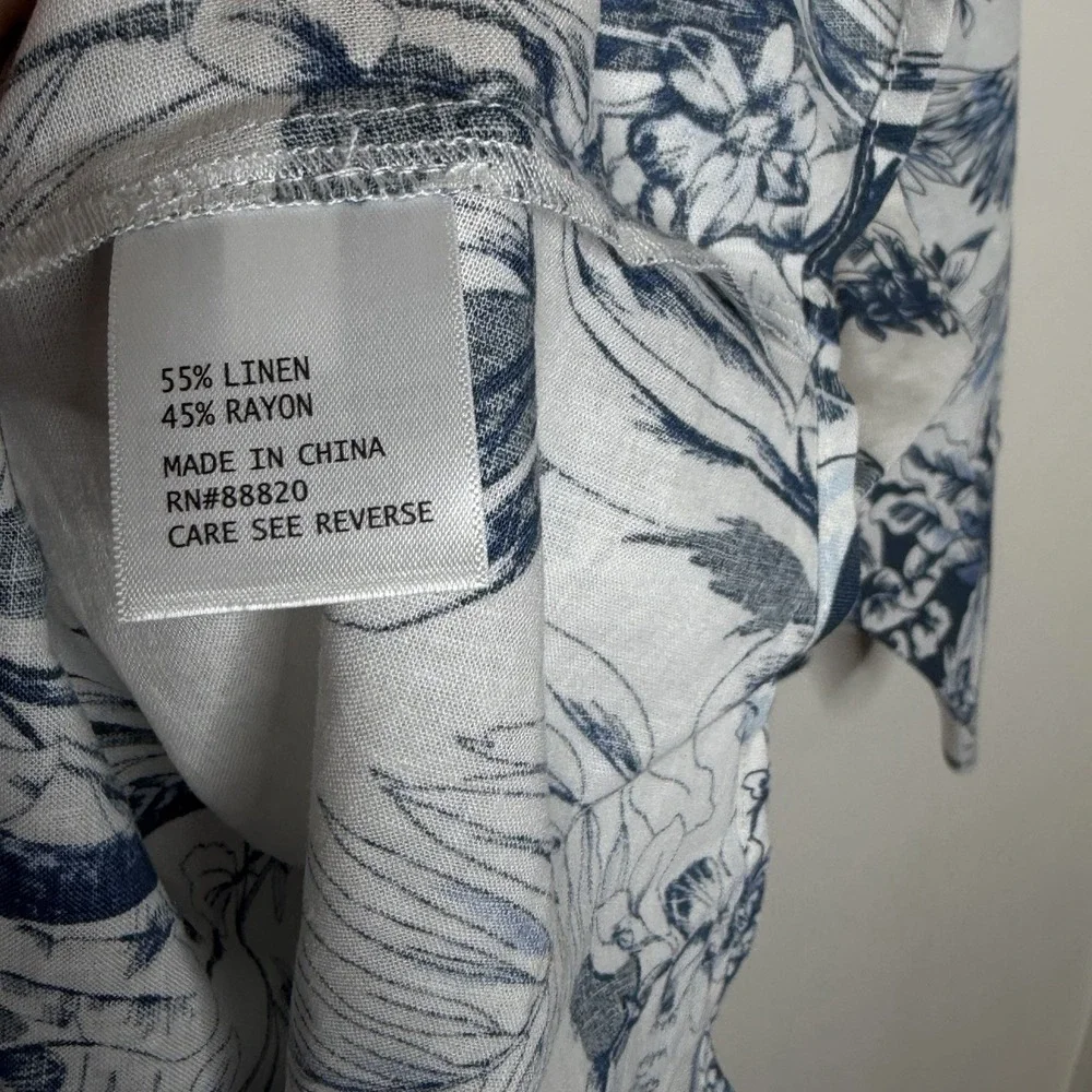 Linen Blend Tropical Floral Print Top Blue White Womens 2X Coastal Aloha Beachy - Picture 5 of 7